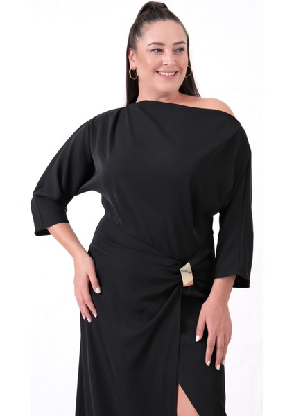 Kadın Siyah Aksesuar Detay Midi Davet Elbise modelleri