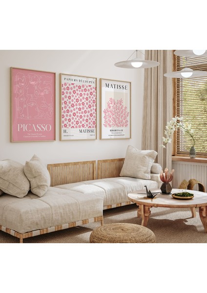 3'lü Set Allık Pembesi Matisse Baskısı Poster, Bohem Duvar Dekoru, Matisse