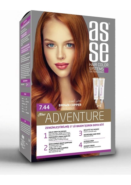 Adventure Set Saç Boyası, Kalıcı ve Canlı Renkler 1+1 İki Kullanım Seti (No : 7.44 Kumral Bakır) fiyatları