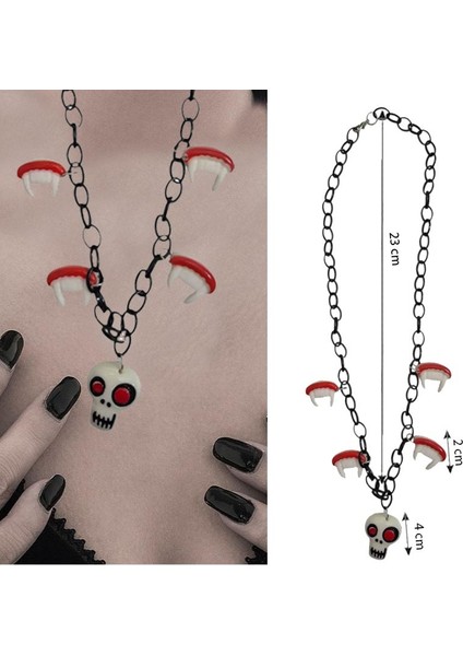 Halloween Metal Zincirli Plastik Beyaz Renk Vampir Drakula Dişi Figürlü Kolye