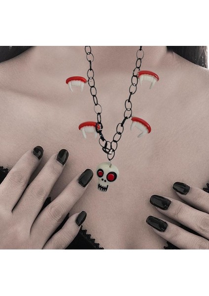 Halloween Metal Zincirli Plastik Beyaz Renk Vampir Drakula Dişi Figürlü Kolye modelleri