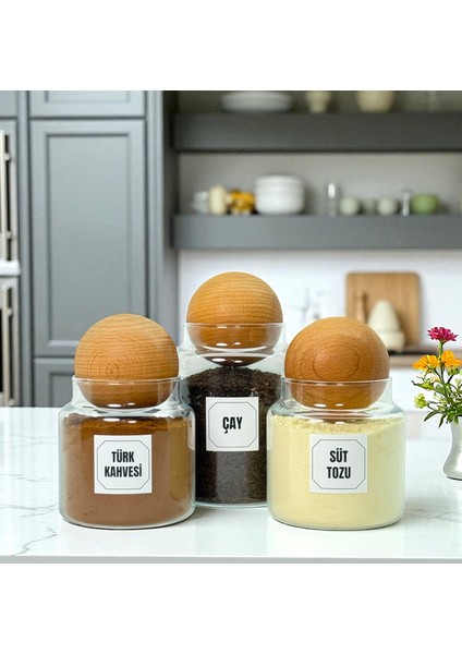 Ahşap Top Kapaklı Cam Çay Türk Kahvesi Süt Tozu Saklama Kavanozu Seti Kahve Köşesi Etiket Hediyeli
