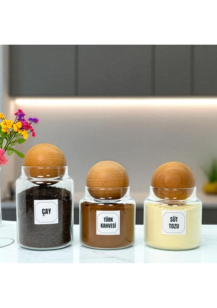 Ahşap Top Kapaklı Cam Çay Türk Kahvesi Süt Tozu Saklama Kavanozu Seti Kahve Köşesi Etiket Hediyeli fiyatları