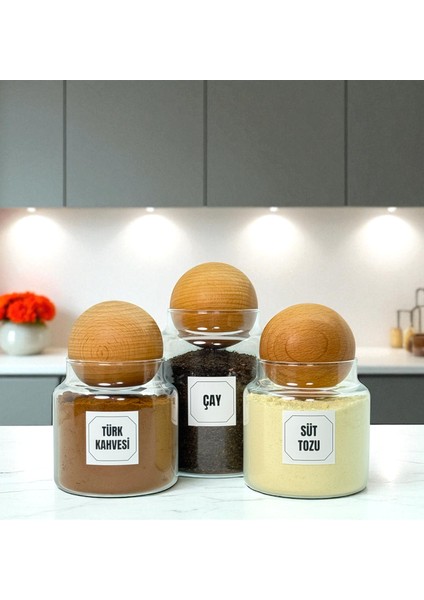 Ahşap Top Kapaklı Cam Çay Türk Kahvesi Süt Tozu Saklama Kavanozu Seti Kahve Köşesi Etiket Hediyeli modelleri