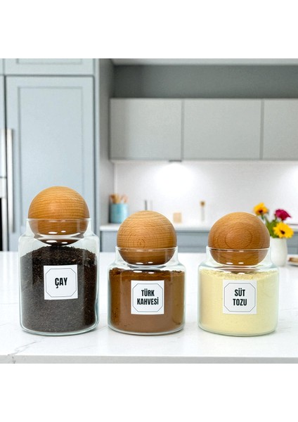 Ahşap Top Kapaklı Cam Çay Türk Kahvesi Süt Tozu Saklama Kavanozu Seti Kahve Köşesi Etiket Hediyeli fırsatları