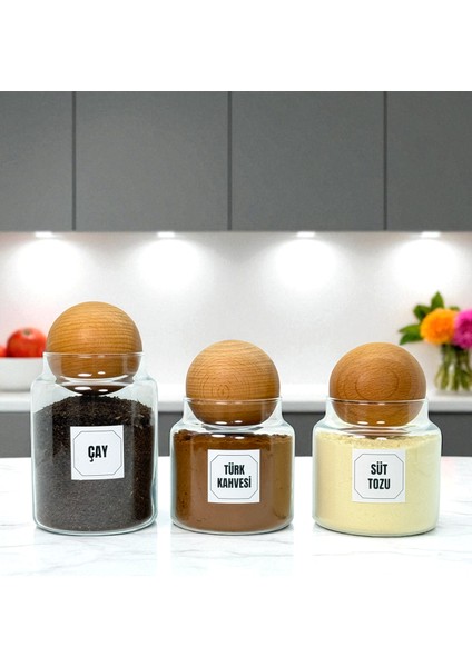 Ahşap Top Kapaklı Cam Çay Türk Kahvesi Süt Tozu Saklama Kavanozu Seti Kahve Köşesi Etiket Hediyeli indirimleri