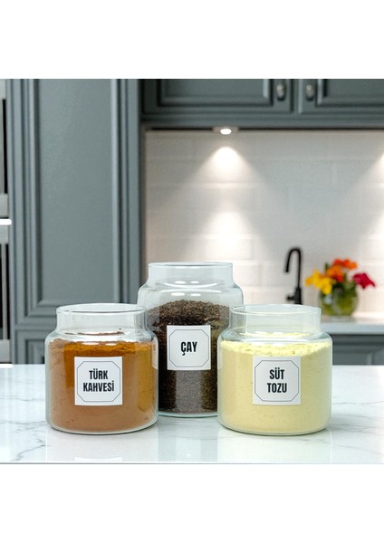 Ahşap Top Kapaklı Cam Çay Türk Kahvesi Süt Tozu Saklama Kavanozu Seti Kahve Köşesi Etiket Hediyeli
