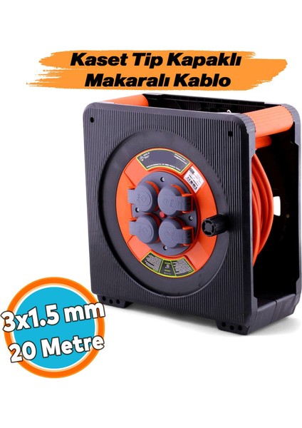 Seyyar Makaralı Uzatma Kablosu 3x1.5 mm 20 mt Cca Kapaklı 4 Prizli Monofaze Termal Sigortalı Plastik