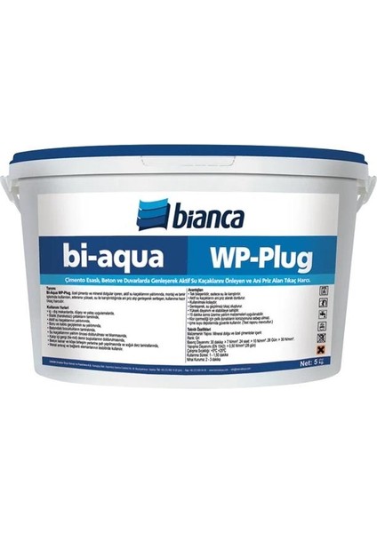 Bi-Aqua Wp-Plug Çimento Esaslı, Beton ve Duvarlarda Genleşerek Aktif Su Kaçaklarını Önleyen ve Ani Priz Alan Tıkaç Harcı 5 kg