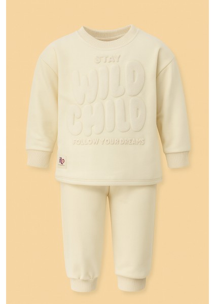Krem Çocuk Eşofman Takımı – “stay Wıld Chıld” Baskılı Sweatshirt & Alt Eşofman