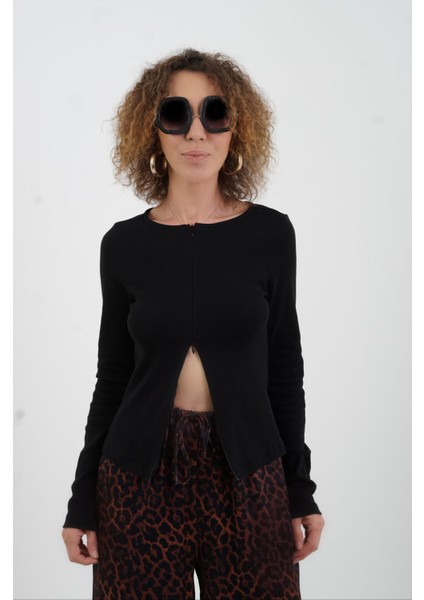 Siyah Fermuar Detaylı Uzun Kollu Bluz fırsatları