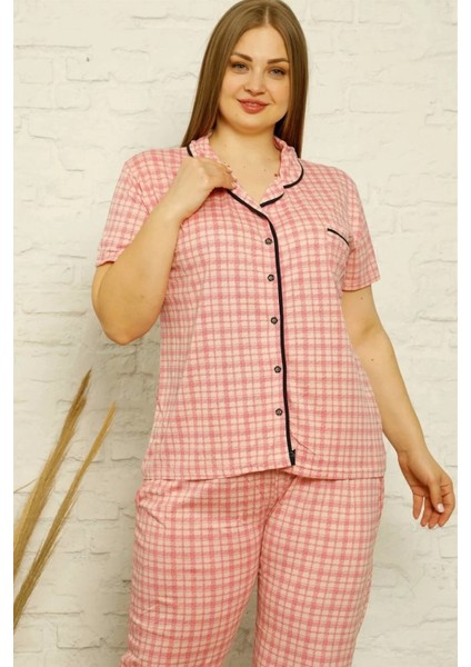 Kadın Pamuklu Cepli Kısa Kol Büyük Beden Pijama Takım Pembe