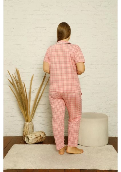 Kadın Pamuklu Cepli Kısa Kol Büyük Beden Pijama Takım Pembe modelleri