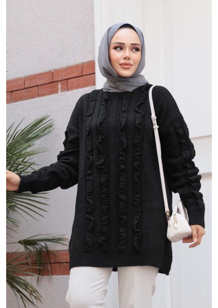 Siyah Tesettür Triko Kazak Tunik 87703S