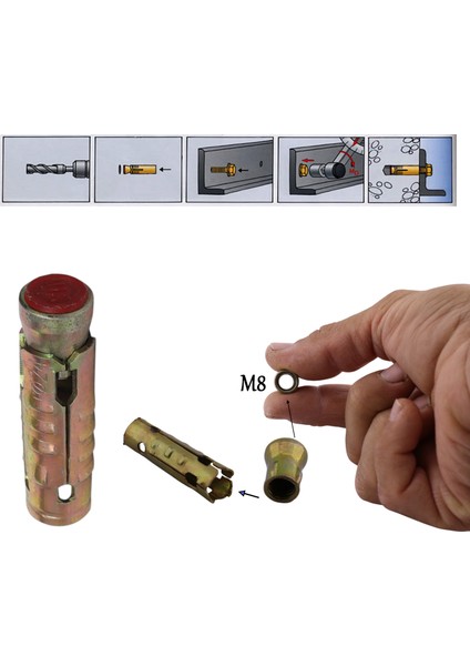 Tapalı Çekme Çelik Dübel M12X45 mm Genleşmeli Iç Diş M8 Montaj Bağlantı Aparat 8 Adet indirimleri