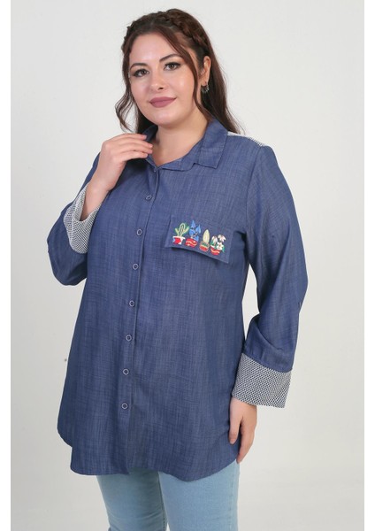 Kadın Önü Fermuarlı Desenli Büyük Beden Kot Gömlek
