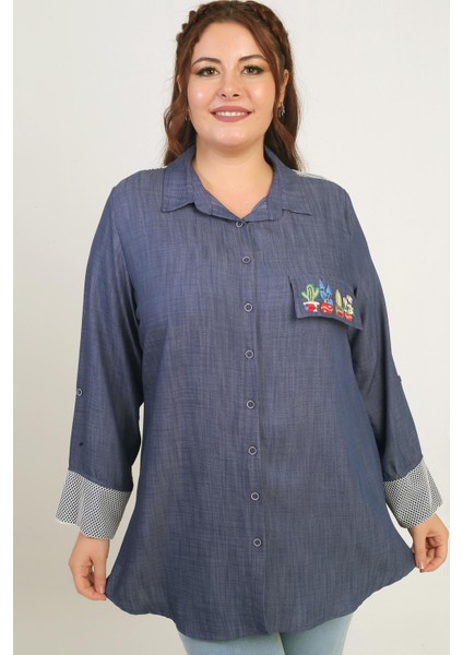 Kadın Önü Fermuarlı Desenli Büyük Beden Kot Gömlek modelleri
