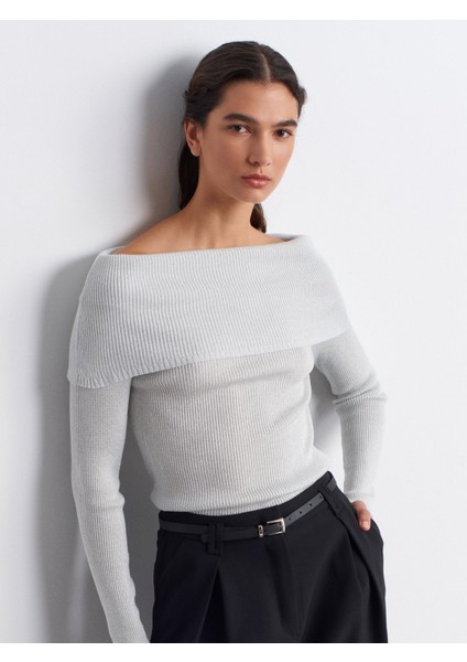10808 Bardot Yaka Fitilli Simli Triko Kazak-Açık Gri