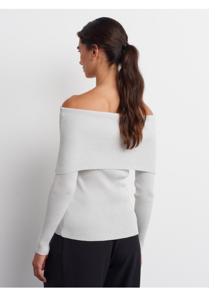 10808 Bardot Yaka Fitilli Simli Triko Kazak-Açık Gri fiyatları