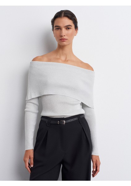 10808 Bardot Yaka Fitilli Simli Triko Kazak-Açık Gri modelleri