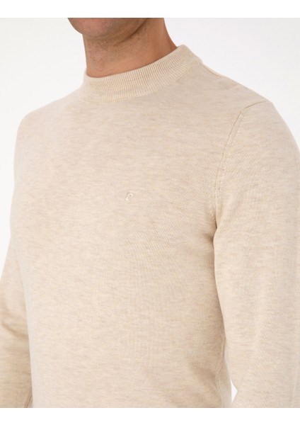 Erkek Krem Melanj Slim Fit Çeyrek Yaka Basic Triko Kazak 50315456-VR159