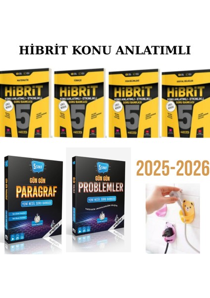 2026 5.sınıf Tür-Mat-Fen-Sosyal Hibrit Konu Anlatımlı Soru Bankaları + Strateji 5.sınıf Gün Gün Paragraf ve Problem Set 6 Kitap Sevimli Ayıcık Fiş Tutucu Hediye