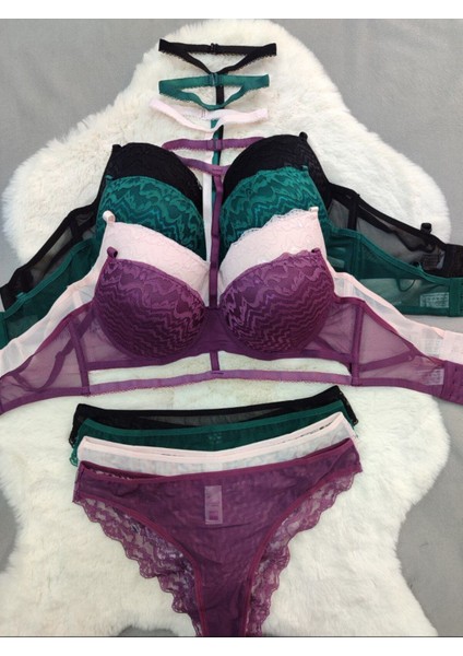 Dantel ve Tül Detaylı Balenli Iç Çamaşır Takımı 4'lü Set - Fantezi Iç Çamaşır Takımı- Çeyizlik