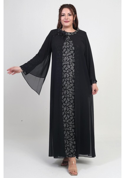 Kadın Üstü Şifon Pelerinli Pul Taş Detaylı Geometrik Desen Likralı B.b. Uzun Elbise