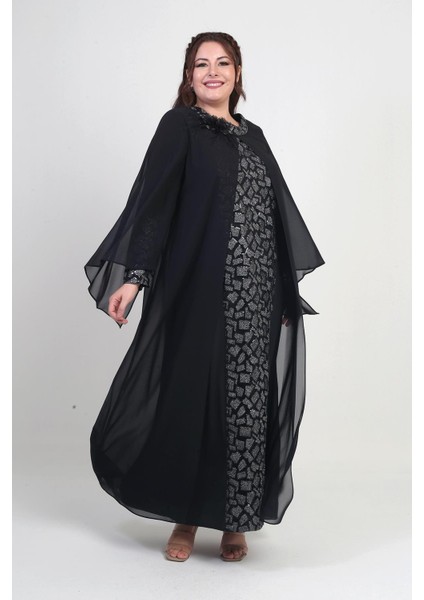 Kadın Üstü Şifon Pelerinli Pul Taş Detaylı Geometrik Desen Likralı B.b. Uzun Elbise modelleri