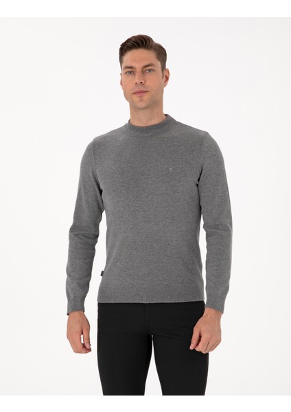 Erkek Gri Melanj Slim Fit Çeyrek Yaka Basic Triko Kazak 50315456-VR086