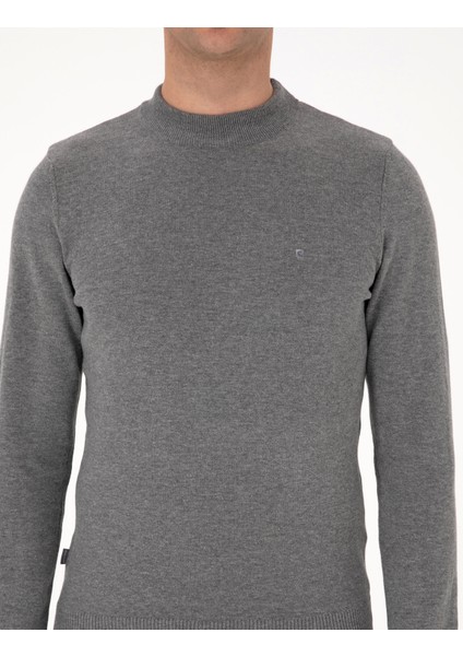 Erkek Gri Melanj Slim Fit Çeyrek Yaka Basic Triko Kazak 50315456-VR086