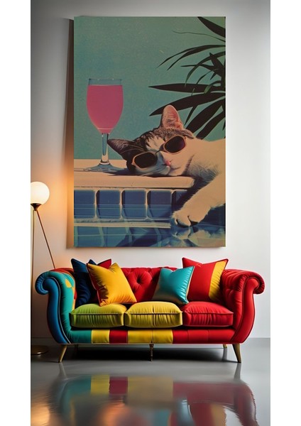 Havuzda Bayılan Kedi Ev Duvar Salon Güzellik Salonu Ofis Dükkan Dekarasyon Kanvas Tablo