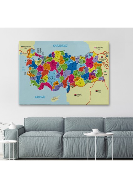 Türkiye Haritası Kanvas Tablo Il ve Ilçeli Ayrıntılı Eğitici Komşulu Dekoratif Tablo 3005 fiyatları
