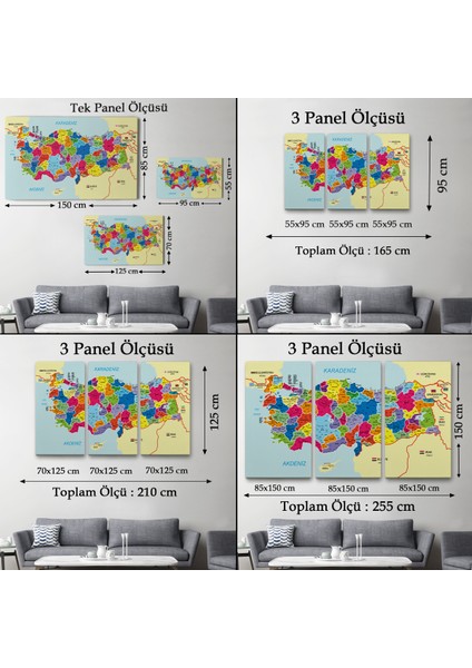 Türkiye Haritası Kanvas Tablo Il ve Ilçeli Ayrıntılı Eğitici Komşulu Dekoratif Tablo 3005