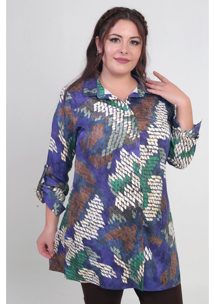 Kadın Batik Desenli Büyük Beden Krep Saten Uzun Gömlek