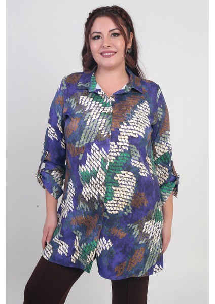 Kadın Batik Desenli Büyük Beden Krep Saten Uzun Gömlek modelleri