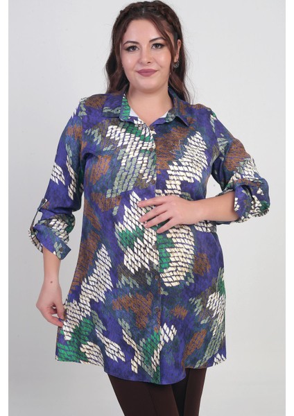 Kadın Batik Desenli Büyük Beden Krep Saten Uzun Gömlek indirimleri
