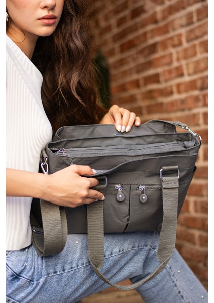 Çok Cepli Kadın Omuz Çantası Orta Boy Günlük HV3026 Koyu Gri indirimleri