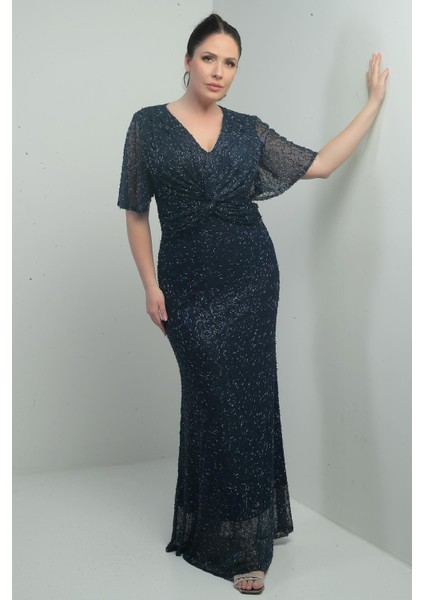 Kadın V Yaka Astarlı Önü Düğüm Detaylı Boru Boncuk Işlemeli Büyük Beden Uzun Elbise