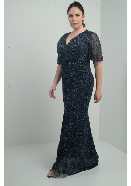 Kadın V Yaka Astarlı Önü Düğüm Detaylı Boru Boncuk Işlemeli Büyük Beden Uzun Elbise fiyatları