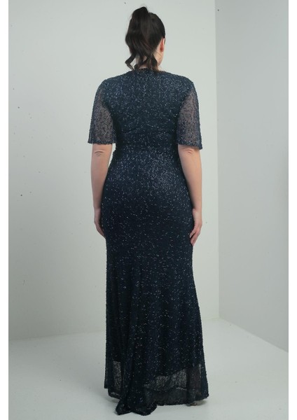 Kadın V Yaka Astarlı Önü Düğüm Detaylı Boru Boncuk Işlemeli Büyük Beden Uzun Elbise fırsatları