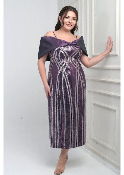 Kadın Ince Askılı Saten Fiyonk Kayık Yaka Pul Işlemeli Astarlı Büyük Beden Midi Elbise