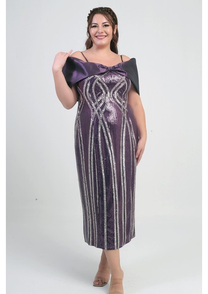 Kadın Ince Askılı Saten Fiyonk Kayık Yaka Pul Işlemeli Astarlı Büyük Beden Midi Elbise fiyatları