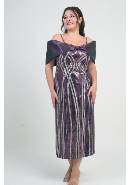 Kadın Ince Askılı Saten Fiyonk Kayık Yaka Pul Işlemeli Astarlı Büyük Beden Midi Elbise modelleri