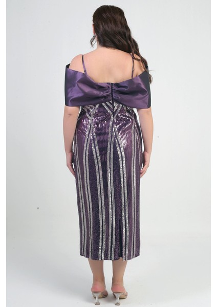 Kadın Ince Askılı Saten Fiyonk Kayık Yaka Pul Işlemeli Astarlı Büyük Beden Midi Elbise fırsatları