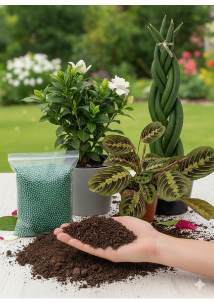 Dua Çiçeği, Gardenya, Örgülü Paşa Kılıcı Salon Bitkisi Seti + Çiçek Coşturan ve Solucan Gübresi