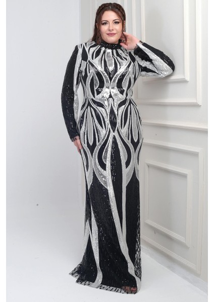 Kadın Dik Yaka Pul Işlemeli Astarlı Büyük Beden Uzun Elbise