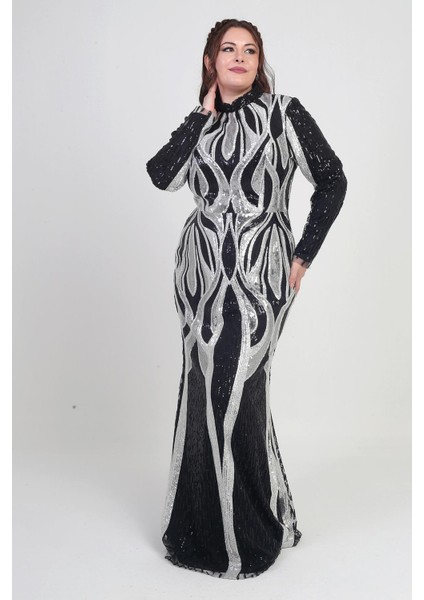 Kadın Dik Yaka Pul Işlemeli Astarlı Büyük Beden Uzun Elbise fiyatları