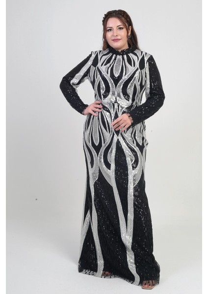 Kadın Dik Yaka Pul Işlemeli Astarlı Büyük Beden Uzun Elbise modelleri