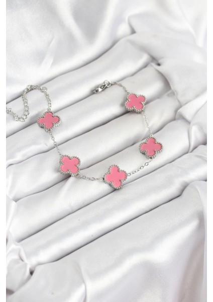 316L Çelik Gümüş Zincir Pembe Renk Yonca Bileklik fiyatları